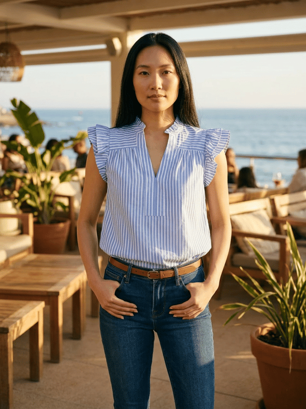 GIBSONLOOK Stripe Flutter Sleeve Poplin Top | Nordstrom
