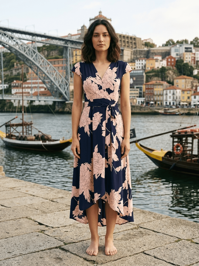 Yumi Blossom Print Dipped Hem Wrap Midi Dress