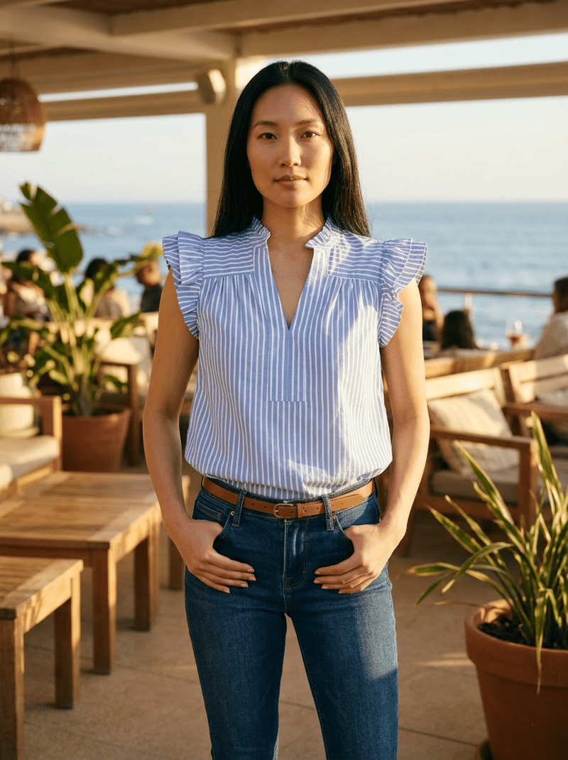 GIBSONLOOK Stripe Flutter Sleeve Poplin Top